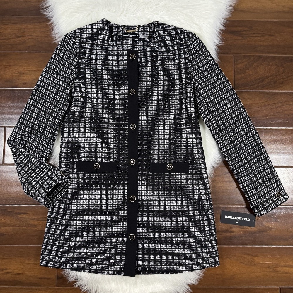 Karl Lagerfeld Women's Size 8 Black White Tweed Long Sleeve Suit Blazer Jacket